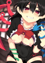 Rule 34 | 1girl, asymmetrical wings, black dress, black hair, blue wings, blurry, blurry background, blush, bow, bowtie, breasts, breasts out, cameltoe, center frills, collarbone, covered navel, dress, dress tug, fang, frills, grin, hair between eyes, half-closed eyes, hand up, highres, houjuu nue, index finger raised, lolimate, looking at viewer, medium breasts, microdress, nipples, pointy ears, red bow, red bowtie, red eyes, red wings, scan, short hair, short sleeves, skindentation, smile, snake, solo, split mouth, taut clothes, taut dress, thighhighs, thighs, touhou, wings, wristband, zettai ryouiki