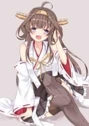 Rule 34 | 10s, 1girl, bad id, bad pixiv id, bare shoulders, boots, brown hair, detached sleeves, double bun, erika (ym0311), hair bun, hairband, headgear, highres, japanese clothes, kantai collection, kongou (kancolle), kongou kai ni (kancolle), long hair, nontraditional miko, ribbon-trimmed sleeves, ribbon trim, sitting, skirt, solo, thigh boots, thighhighs