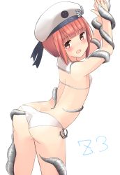 Rule 34 | 10s, 1girl, anchor, arched back, arms up, ass, back, bare shoulders, beret, bikini, blush, bow, breasts, brown eyes, brown hair, butt crack, character name, clothes writing, enemy naval mine (kancolle), hanley, hat, hat bow, kantai collection, looking at viewer, looking back, open mouth, peaked cap, restrained, sailor bikini, sailor collar, sailor hat, short hair, side-tie bikini bottom, simple background, small breasts, solo, striped, striped bow, swimsuit, tentacles, white background, white bikini, white hat, z3 max schultz (kancolle)