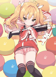 Rule 34 | 1girl, ahoge, assault rifle, black thighhighs, blade (galaxist), blonde hair, blue archive, blush, brown eyes, closed mouth, fn scar, fn scar 17, gun, hair ribbon, holding, holding gun, holding weapon, jacket, long hair, long sleeves, lying, on back, pink skirt, red jacket, ribbon, rifle, skirt, solo, stuffed animal, stuffed rabbit, stuffed toy, thighhighs, track jacket, weapon, yoshimi (blue archive)