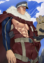 Rule 34 | 1boy, abs, absurdres, alternate pectoral size, bara, bare pectorals, blue bodysuit, bodysuit, boku no hero academia, bulge, cape, cowboy shot, fur-trimmed cape, fur trim, hat, highres, kepi, large pectorals, looking at viewer, male focus, military hat, muscular, muscular male, nipples, open clothes, paid reward available, pectorals, paid reward available, short hair, sideburns, solo, stomach, suyohara, yoarashi inasa