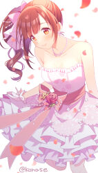 Rule 34 | 1girl, bare shoulders, blurry, blush, bow, breasts, brown eyes, brown hair, closed mouth, collarbone, depth of field, dress, dress bow, falling petals, flower, frilled dress, frills, gloves, hair bow, hair ribbon, highres, idolmaster, idolmaster cinderella girls, idolmaster cinderella girls starlight stage, igarashi kyoko, konase (non stop!), layered dress, long hair, looking at another, medium breasts, petals, pink bow, pink dress, pink flower, pink ribbon, ribbon, side ponytail, skirt hold, smile, solo, standing, standing on one leg, strapless, strapless dress, twitter username, white background, white gloves, yellow flower