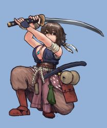 Rule 34 | 1girl, absurdres, bandages, bandaged arm, bandages, blue background, breasts, brown eyes, brown hair, brown pants, chanta (ayatakaoisii), fighting stance, fingerless gloves, full body, gloves, gourd, hands up, highres, holding, holding sword, holding weapon, jewelry, large breasts, looking at viewer, necklace, original, pants, pouch, sash, scabbard, sheath, simple background, solo, squatting, sword, two-handed, unsheathed, weapon, white sash