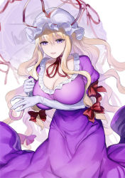 Rule 34 | 1girl, absurdres, arm under breasts, blonde hair, blurry, bow, breasts, cleavage, collarbone, commentary, depth of field, dress, elbow gloves, feet out of frame, gloves, gunnjou yosio, hair between eyes, hair bow, hair ribbon, hat, hat ribbon, highres, holding, holding umbrella, large breasts, leaning forward, light smile, long hair, looking ahead, looking at viewer, mob cap, neck ribbon, parasol, parted lips, puffy short sleeves, puffy sleeves, purple dress, purple eyes, red bow, red ribbon, ribbon, short sleeves, simple background, smile, solo, standing, touhou, tress ribbon, umbrella, very long hair, wavy hair, white background, white gloves, white hat, yakumo yukari