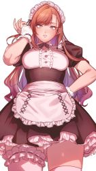 Rule 34 | 1girl, adjusting hair, apron, arisugawa natsuha, blouse, blurry, bow, bowtie, breasts, bridal garter, brown hair, collarbone, depth of field, detached collar, dress, earrings, frills, from below, grey eyes, hair flip, hand on own hip, highres, idolmaster, idolmaster shiny colors, ikarin, jewelry, long hair, looking at viewer, maid, maid apron, maid headdress, medium breasts, open mouth, parted lips, puffy short sleeves, puffy sleeves, shirt, short sleeves, solo, swept bangs, thighhighs, thighs, transparent background, underbust, upskirt, waist apron, white shirt, white thighhighs, wrist cuffs