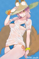 Rule 34 | 10s, 1girl, :q, animal ears, bikini, blue background, blue bikini, breasts, collarbone, ears through headwear, fate/extra, fate/grand order, fate (series), fox ears, fox tail, hat, highres, large breasts, long hair, looking at viewer, pink hair, shirt, side-tie bikini bottom, simple background, smile, solo, sun hat, swimsuit, tail, tamamo (fate), tamamo no mae (fate/extra), tamamo no mae (swimsuit lancer) (fate), tamamo no mae (swimsuit lancer) (second ascension) (fate), tongue, tongue out, utu (ldnsft), wet, wet clothes, wet shirt, white shirt, yellow eyes