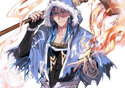 Rule 34 | 1boy, bad id, bad twitter id, blue hair, cape, cu chulainn (fate), cu chulainn (caster) (fate), earrings, fate/grand order, fate/stay night, fate (series), fire, fur trim, hood, impossible clothes, impossible shirt, jewelry, cu chulainn (fate/stay night), long hair, male focus, red eyes, runes, shirt, simple background, smoke, solo, weapon, white background