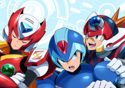 Rule 34 | 3boys, :&lt;, android, axl (mega man), brown hair, cloud, commentary request, crossed arms, closed eyes, friends, green eyes, hand on another&#039;s shoulder, helmet, looking at another, lower teeth only, mega man (series), mega man x: command mission, x (mega man), mega man x (series), multiple boys, open mouth, parco 1315, robot, scar, scar on face, teeth, upper body, upper teeth only, zero (mega man)