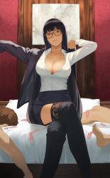 Rule 34 | 1girl, 2boys, amino (tn7135), bed, black hair, black thighhighs, boots, breasts, brown hair, commission, condom, crossed legs, dressing, exhausted, glasses, highres, indoors, large breasts, long hair, multiple boys, no bra, nude, office lady, pencil skirt, shirt, skeb commission, skirt, smile, smirk, thigh boots, thighhighs, thighhighs under boots, used condom