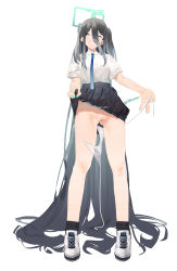 Rule 34 | 1girl, absurdly long hair, aqua nails, aris (blue archive), black hair, black skirt, blue archive, blue eyes, blue necktie, clenched teeth, clothes lift, halo, highres, kitasan, lifted by self, long hair, looking at viewer, nail polish, necktie, panties, shoes, simple background, skirt, skirt lift, smile, sneakers, solo, standing, teeth, twitter username, underwear, very long hair, white background, white footwear, white panties