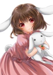 Rule 34 | 1girl, absurdres, animal ears, brown hair, carrot necklace, dress, highres, hugging doll, hugging object, inaba tewi, jewelry, leaning forward, looking at viewer, necklace, pendant, pink dress, puffy short sleeves, puffy sleeves, rabbit ears, rabbit girl, rabbit tail, red eyes, short hair, short sleeves, simple background, smile, solo, stuffed animal, stuffed rabbit, stuffed toy, tail, touhou, utako (kuromosuki), white background
