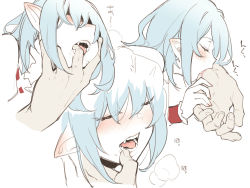 Rule 34 | 1girl, asutora, biting, blood, blue hair, blush, closed eyes, commentary request, eyes visible through hair, fangs, finger in another&#039;s mouth, hetero, multiple views, open mouth, pointy ears, remilia scarlet, saliva, short hair, simple background, solo focus, teeth, touhou, upper body, white background, wrist cuffs