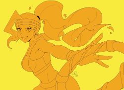 Rule 34 | 1girl, fingerless gloves, gloves, headband, highres, long hair, looking at viewer, midriff, nintendo, ponytail, protagonist (ring fit adventure), ring fit adventure, ring fit trainee, signature, simple background, smile, sports bra, upper body, yellow background