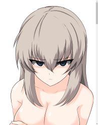 Rule 34 | 1girl, absurdres, aikir (jml5160), bare shoulders, blue eyes, breasts, cleavage, covering privates, covering breasts, fake screenshot, girls und panzer, half-closed eyes, highres, itsumi erika, large breasts, light frown, looking at viewer, medium hair, nude, parted lips, portrait, scroll bar, silver hair, simple background, solo, white background