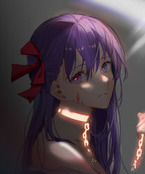 Rule 34 | 1girl, absurdres, bad id, bad pixiv id, blood, blood on face, chain, collar, fate/stay night, fate (series), from side, glowing, hair between eyes, hair ribbon, highres, jenmin12, long hair, looking at viewer, looking to the side, matou sakura, metal collar, purple eyes, purple hair, ribbon, solo focus