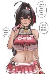 Rule 34 | ahoge, bay (nikke), black hair, blush, breasts, brown eyes, cheerleader, collar, crop top, dark-skinned female, dark skin, embarrassed, facial tattoo, gochu (g0chuu), goddess of victory: nikke, hair intakes, hairband, large breasts, long hair, looking to the side, mole, mole on breast, mole on stomach, mole under eye, mole under mouth, multicolored hair, pom pom (cheerleading), ponytail, red hair, red shirt, red skirt, shirt, skirt, spiked collar, spikes, star tattoo, streaked hair, tan, tanline, tattoo