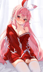 Rule 34 | 1girl, artist name, atelier live, bare shoulders, blush, braid, breasts, cardigan, cleavage, closed mouth, collarbone, hair between eyes, hair ribbon, highres, large breasts, lipgloss, long hair, long sleeves, looking at viewer, nail polish, naked sweater, pink hair, pink nails, pinku (vtuber), red cardigan, red eyes, ribbon, rosuuri, sitting, sleeves past wrists, solo, sweater, thighhighs, very long hair, virtual youtuber, white ribbon, white thighhighs, zettai ryouiki