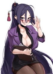 Rule 34 | :p, adjusting eyewear, bra, breasts, cleavage, clipboard, fate/grand order, fate (series), formal, glasses, hair ornament, hairpin, j.k., large breasts, long hair, looking at viewer, mature female, minamoto no raikou (fate), miniskirt, naughty face, office lady, pantyhose, parted bangs, pencil skirt, purple hair, skirt, skirt suit, solo, suit, thighs, tongue, tongue out, underwear, very long hair