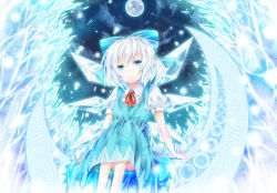 Rule 34 | 1girl, aru gunsou, bad id, bad pixiv id, blue eyes, blue hair, bow, cirno, crescent, full moon, hair bow, ice, ice wings, matching hair/eyes, mixarumixa, moon, on crescent, short hair, sitting, solo, touhou, wings