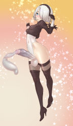 Rule 34 | 1futa, 2b (nier:automata), absurdres, black footwear, black thighhighs, bob cut, boots, breasts, bulge, cum, cum in clothes, ejaculation, elbow gloves, erection, erection under clothes, feather-trimmed sleeves, full-package futanari, futanari, gloves, hairband, handsfree ejaculation, high heel boots, high heels, highres, impossible clothes, juliet sleeves, large penis, leotard, long sleeves, nier:automata, nier (series), no panties, penis, puffy sleeves, short hair, small breasts, solo, testicles, thigh boots, thighhighs, tomoyuki kotani, uncensored, white hair
