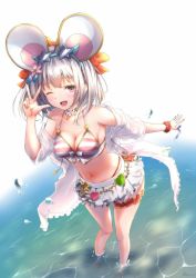 Rule 34 | 1girl, ;d, animal ears, bikini, breasts, choker, collarbone, commentary request, frilled bikini, frills, granblue fantasy, hajime kazuhito, hand up, highres, looking at viewer, medium breasts, mouse ears, navel, one eye closed, open mouth, outstretched arm, pink eyes, red scrunchie, scrunchie, short hair, silver hair, smile, solo, standing, star-shaped eyewear, star (symbol), striped bikini, striped clothes, swimsuit, v, vikala (blooming summer wallflower) (granblue fantasy), vikala (granblue fantasy), water, white bikini, white choker, wrist scrunchie