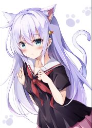 Rule 34 | 1girl, animal ear fluff, animal ears, black shirt, blue eyes, breasts, cat day, cat ears, cat girl, cat tail, collarbone, frown, hair ornament, hands up, highres, hoshinomiya kunon, hyurasan, kemonomimi mode, light purple hair, long hair, looking at viewer, neckerchief, original, paw print, paw print background, pink skirt, sailor collar, shirt, short sleeves, skirt, small breasts, solo, star (symbol), star hair ornament, tail, tail raised, upper body, white background