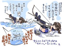 Rule 34 | 10s, 1girl, arrow (projectile), black thighhighs, bow (weapon), brown eyes, brown hair, comic, drawing bow, fish, flying fish, geta, holding, holding bow (weapon), holding weapon, japanese clothes, kaga (kancolle), kantai collection, lying, meme, muneate, no nose, okobo, on back, panties, pantyshot, sandals, sato yoshimi, side ponytail, solo, thighhighs, underwear, unworn footwear, unworn sandals, weapon, white panties