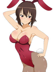Rule 34 | 10s, 1girl, animal ears, arm up, armpits, bare arms, bare shoulders, black leotard, black pantyhose, blush, breasts, brown eyes, brown hair, cleavage, collarbone, covered navel, cowboy shot, fake animal ears, fake tail, female focus, girls und panzer, hair between eyes, hand on own hip, highleg, highres, kagemusha, large breasts, leotard, looking at viewer, neck, nishizumi maho, pantyhose, playboy bunny, rabbit ears, rabbit tail, shiny skin, short hair, smile, solo, standing, strapless, strapless leotard, tail, white background