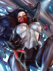 Rule 34 | 1girl, black hair, bodysuit, breasts, character doll, cindy moon, cleavage, from below, highres, large breasts, long hair, looking at viewer, marvel, mask, motion blur, patreon username, red mask, silk (marvel), solo, spider-man, tight clothes, yam spectrum