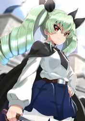 Rule 34 | 10s, 1girl, anchovy (girls und panzer), black cape, black necktie, black ribbon, blouse, blue skirt, blurry, cape, closed mouth, commentary, cowboy shot, depth of field, drill hair, eyes visible through hair, girls und panzer, green hair, hair ribbon, hand on own hip, hitoshi suda, light smile, long hair, long sleeves, looking at viewer, miniskirt, necktie, pantyhose, red eyes, ribbon, shirt, skirt, solo, standing, twin drills, twintails, white pantyhose, white shirt