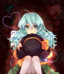 Rule 34 | 1girl, ahoge, aqua hair, blouse, female focus, gradient background, green eyes, hat, unworn hat, hat ribbon, unworn headwear, heart, heart of string, holding, holding clothes, holding hat, knees up, komeiji koishi, long sleeves, looking at viewer, open mouth, red background, ribbon, saba ichigo, shirt, short hair, sitting, solo, touhou, wide sleeves