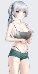 Rule 34 | 1girl, aged up, alternate breast size, anchor necklace, bare shoulders, blush, breasts, camisole, cleavage, collarbone, green shorts, grey camisole, grey hair, jewelry, kantai collection, kanzaki muyu, kasumi (kancolle), large breasts, long hair, looking at viewer, navel, necklace, short shorts, shorts, side ponytail, solo, thighs, yellow eyes