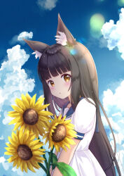 Rule 34 | 1girl, :o, alternate costume, animal ear fluff, animal ears, azur lane, black hair, blue sailor collar, blue sky, blunt bangs, blush, chinese commentary, cloud, commentary request, dress, flower, fox ears, fox girl, from side, long hair, looking at viewer, m ko (maxft2), nagato (azur lane), paid reward available, parted lips, partial commentary, puffy short sleeves, puffy sleeves, sailor collar, sailor dress, short sleeves, sky, solo, upper body, white dress, yellow eyes, yellow flower