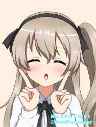 Rule 34 | 10s, 1girl, black ribbon, casual, collared shirt, commentary, dated, facing viewer, girls und panzer, hair ribbon, highres, light brown background, light brown hair, long hair, long sleeves, mochamillll, neck ribbon, one-hour drawing challenge, open mouth, portrait, ribbon, shimada arisu, shirt, side ponytail, simple background, smile, solo, twitter username, white shirt