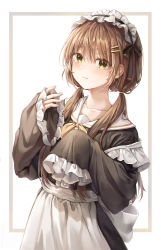 Rule 34 | 1girl, absurdres, apron, blush, bobby pin, brown hair, closed mouth, crying, crying with eyes open, green eyes, highres, huge filesize, long hair, long sleeves, looking at viewer, maid, maid apron, maid headdress, original, school uniform, simple background, solo, starlime, tearing up, tears, twintails, upper body, white background, wide sleeves
