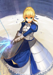 Rule 34 | 1girl, ahoge, armor, armored dress, artoria pendragon (all), artoria pendragon (fate), blonde hair, blush, fate/zero, fate (series), faulds, gauntlets, green eyes, hair ribbon, highres, invisible air (fate), jeanex, juliet sleeves, long sleeves, no nose, open mouth, puffy sleeves, ribbon, saber (fate), solo, sword, weapon