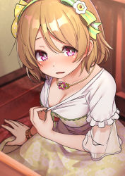 Rule 34 | 1girl, arm support, blush, bow, breasts, brown hair, cleavage, clothes pull, collarbone, commentary request, dress, floral print, green dress, hair between eyes, hair bow, highres, indoors, jewelry, koizumi hanayo, long sleeves, looking at viewer, love live!, love live! school idol project, medium breasts, necklace, parted lips, print dress, purple eyes, shipii (jigglypuff), shirt, shirt pull, smile, solo, striped, striped bow, white shirt