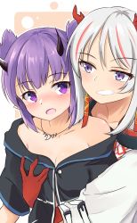 Rule 34 | 2girls, arknights, bare shoulders, black shirt, blush, chinese commentary, clenched teeth, commentary request, gu yue wu ying, highres, horns, jewelry, lava (arknights), looking at another, multicolored hair, multiple girls, necklace, nian (arknights), nose blush, off-shoulder shirt, off shoulder, open mouth, purple eyes, purple hair, red hair, shirt, short hair, short sleeves, silver hair, streaked hair, teeth, upper body, yuri