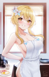 Rule 34 | 1girl, apron, arms behind back, artist name, backlighting, blonde hair, blush, breasts, collarbone, cup, flower, food, fukuro daizi, genshin impact, hair between eyes, hair flower, hair ornament, highres, indoors, kitchen, large breasts, long hair, looking at viewer, lumine (genshin impact), naked apron, parted lips, plate, signature, smile, solo, white apron, yellow eyes