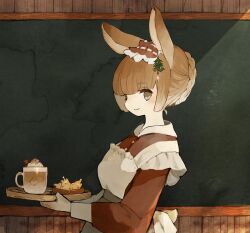 Rule 34 | 1girl, animal ears, apron, back bow, blush, bow, braid, brown eyes, brown hair, chalkboard, christmas tree hair ornament, collared dress, commentary, cup, dress, food, hair ornament, highres, holding, holding cup, holding tray, long sleeves, looking at viewer, maid, maid headdress, original, rabbit ears, rabbit girl, rabbit tail, sakutake (ue3sayu), smile, solo, symbol-only commentary, tail, tray, whipped cream