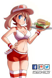 Rule 34 | 1girl, alternate costume, artist name, bare shoulders, blue eyes, blush, breasts, brown hair, burger, cleavage, closed mouth, collarbone, creatures (company), deviantart sample, female focus, food, french fries, game freak, hand on own hip, hand up, happy, hat, highres, holding, image sample, legs together, looking at viewer, lucyfer, may (pokemon), may (pokemon oras), medium breasts, medium hair, midriff, navel, nintendo, poke ball symbol, poke ball theme, pokemon, pokemon oras, pouch, red hat, red shorts, red thighhighs, shiny skin, short shorts, shorts, simple background, skindentation, smile, solo, sports bra, standing, striped clothes, striped thighhighs, thighhighs, tray, visor cap, waitress, watermark, white background, wristband