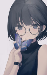 Rule 34 | 1girl, absurdres, animal, bare shoulders, black-framed eyewear, black hair, black shirt, blue eyes, bug, butterfly, closed mouth, commentary request, eyebrows hidden by hair, glasses, grey background, highres, insect, light smile, ogami ren, original, round eyewear, shirt, short hair, simple background, sleeveless, sleeveless shirt, solo, watch, wristwatch