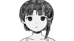 Rule 34 | 1girl, asymmetrical hair, bare shoulders, blunt ends, collarbone, empty eyes, expressionless, hair ornament, highres, iwakura lain, light frown, looking at viewer, monochrome, omori, serial experiments lain, short hair, simple background, single sidelock, sleeveless, solo, straight-on, white background, x hair ornament, yurumenoika eva
