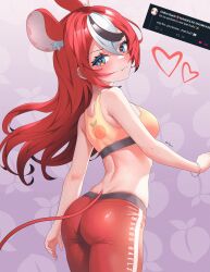 Rule 34 | 1girl, animal ear fluff, animal ears, ass, blue eyes, breasts, closed mouth, earrings, food, from behind, fruit, fruit background, hakos baelz, heart, highres, hololive, hololive english, jewelry, long hair, looking at viewer, looking back, medium breasts, midriff, mouse ears, mouse girl, mouse tail, multicolored hair, pants, peach print, red hair, red pants, sk jynx, solo, sports bra, streaked hair, tail, tweet, virtual youtuber, yoga pants