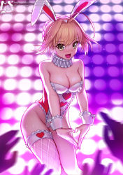 Rule 34 | 1girl, ahoge, alternate costume, animal ears, artist logo, bare shoulders, blonde hair, blush, breasts, cleavage, covered erect nipples, fake animal ears, fate/grand order, fate (series), fishnet thighhighs, fishnets, green eyes, heart, heart hands, highres, leotard, looking at viewer, medium breasts, neck ruff, nero claudius (fate), nero claudius (fate) (all), nero claudius (fate/extra), open mouth, playboy bunny, rabbit ears, shadowgrave, short hair, single thighhigh, smile, strapless, strapless leotard, sweat, thighhighs, weibo watermark, wrist cuffs