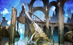 Rule 34 | 1girl, absurdly long hair, black dress, black thighhighs, blue eyes, column, day, dress, from side, highres, kyo (kuroichigo), landscape, long dress, long hair, looking at viewer, multiple moons, original, outdoors, pillar, ruins, scenery, silver hair, sky, solo, stairs, thighhighs, torn clothes, torn dress, very long hair, wallpaper, water