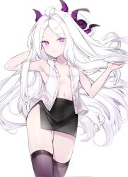 1girl, absurdres, armpits, bare arms, bare shoulders, black skirt, blue archive, blush, breasts, closed mouth, collarbone, collared shirt, cowboy shot, eyebrows visible through hair, hand in hair, hands up, highres, hina (blue archive), horns, long hair, looking at viewer, miniskirt, navel, open clothes, purple eyes, purple legwear, shirt, side slit, simple background, skirt, small breasts, solo, standing, thighhighs, thighs, white background, white hair, white shirt, yukineko1018