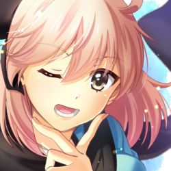 Rule 34 | 1girl, ;d, bad id, bad pixiv id, blurry, blurry background, fate (series), floating hair, grey eyes, hair between eyes, koha-ace, looking at viewer, okita souji (fate), okita souji (koha-ace), one eye closed, open mouth, portrait, riako, short hair, silver hair, smile, solo