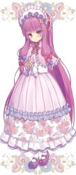 Rule 34 | 1girl, absurdres, alternate costume, beni kurage, blue bow, blunt bangs, blush, bow, bowtie, capelet, commentary request, crescent, crescent hair ornament, dress, expressionless, floral background, floral dress, footwear bow, full body, hair bow, hair ornament, hat, highres, lolita fashion, long hair, looking at viewer, mary janes, neck ribbon, own hands together, patchouli knowledge, purple eyes, purple footwear, purple hair, raised eyebrows, red bow, red neckwear, ribbon, shoes, solo, standing, striped clothes, striped dress, sweet lolita, touhou, vertical-striped clothes, vertical-striped dress, very long hair, white background, white legwear