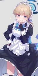 Rule 34 | 1girl, absurdres, apron, back bow, black dress, black gloves, blonde hair, blue archive, blue bow, blue eyes, blue halo, blue ribbon, blush, bow, bowtie, bun cover, chest harness, closed mouth, dress, earpiece, fingerless gloves, frilled apron, frills, gloves, hair bun, hair ribbon, halo, harness, highres, maid, maid headdress, multicolored hair, ribbon, short hair, solo, streaked hair, toki (blue archive), v, waist apron, white apron, white headdress, yoku soy
